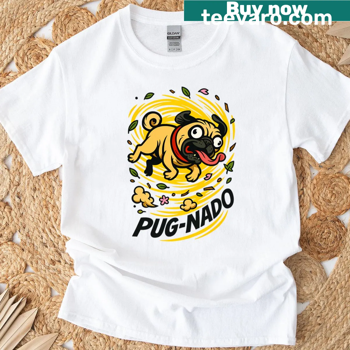 Cartoon pug in a tornado graphic on a t-shirt — on a men's t-shirt