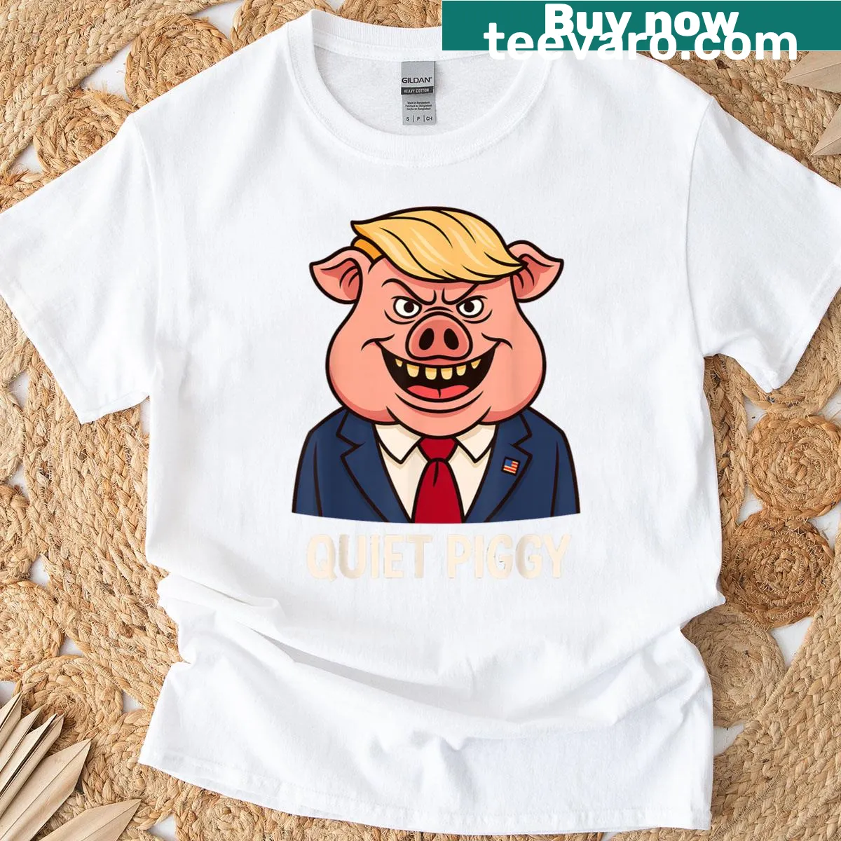 Witty 'Quiet Piggy' text design on a t-shirt referencing Trump. — on a men's t-shirt