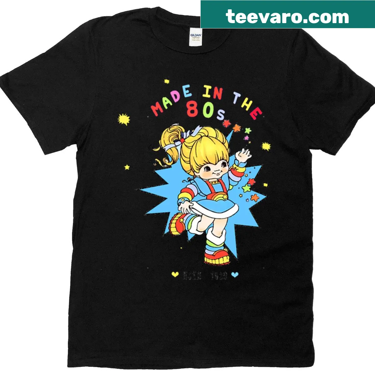 Cartoon Rainbow Brite graphic on a colorful t-shirt — on a men's t-shirt