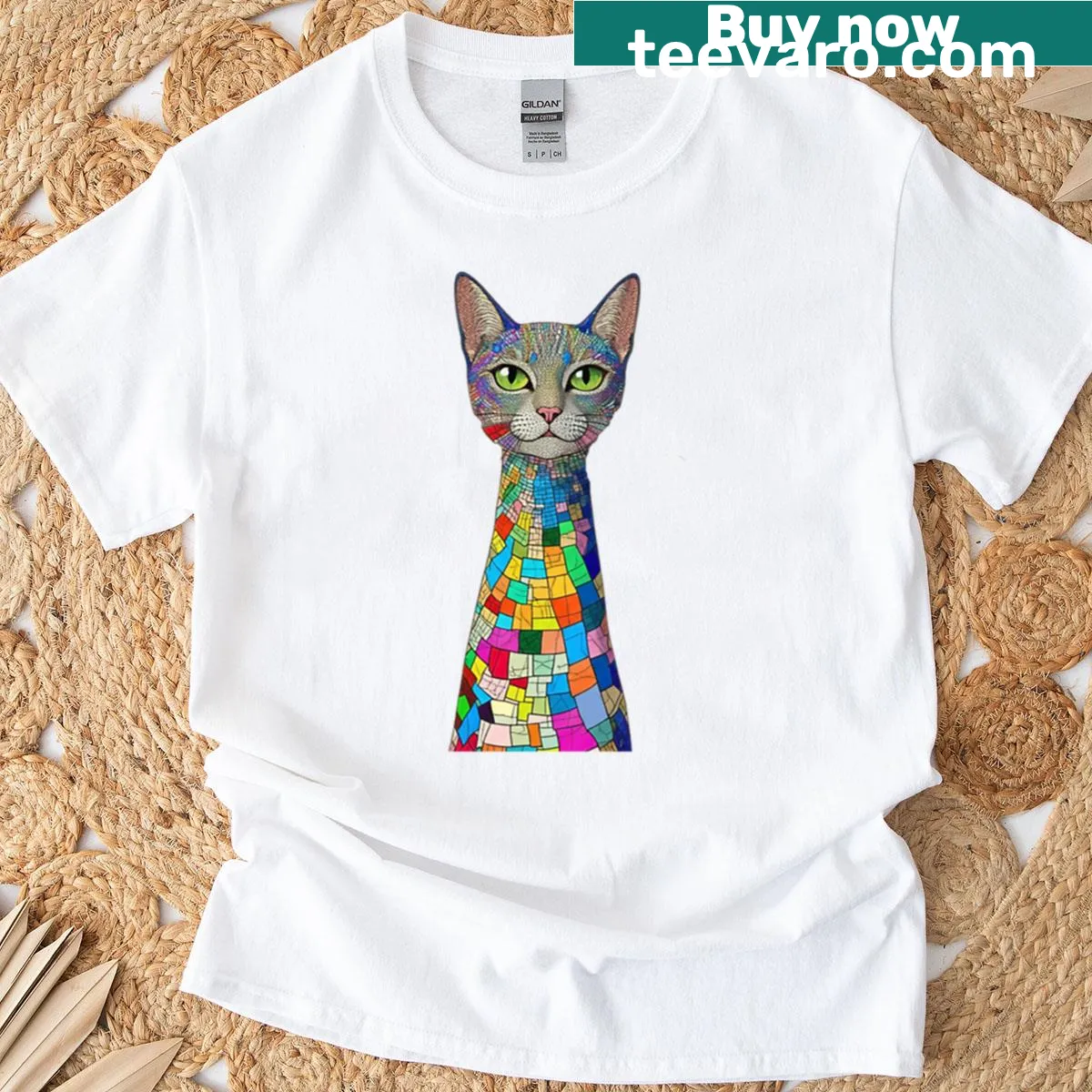 Rainbow Mosaic Cat - Long Neck Cat T-shirt featuring a colorful mosaic design — on a men's t-shirt