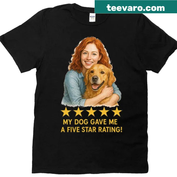 Illustration of a red-haired woman with her golden retriever on a t-shirt