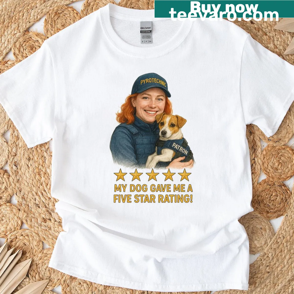 Illustration of a red-haired woman with Patron logo on a t-shirt — on a men's t-shirt