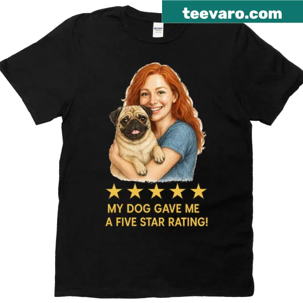 Charming illustration of a red-haired woman with her pug on a t-shirt.