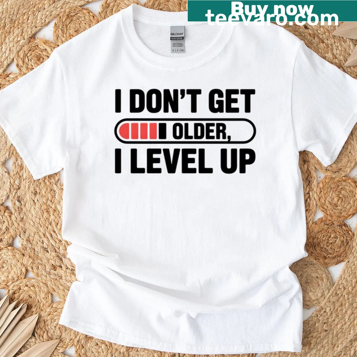 Minimalist gamer T-shirt with red level up progress bar — on a men's t-shirt