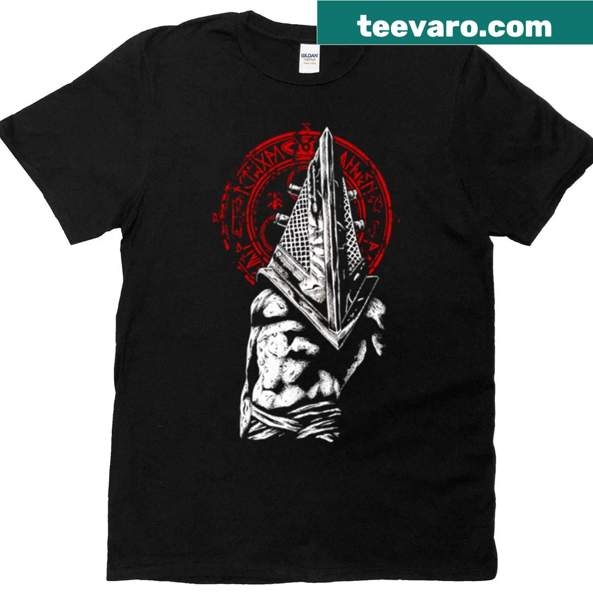 Abstract graphic t-shirt inspired by the Red Pyramid and Halo of the Sun — on a men's t-shirt