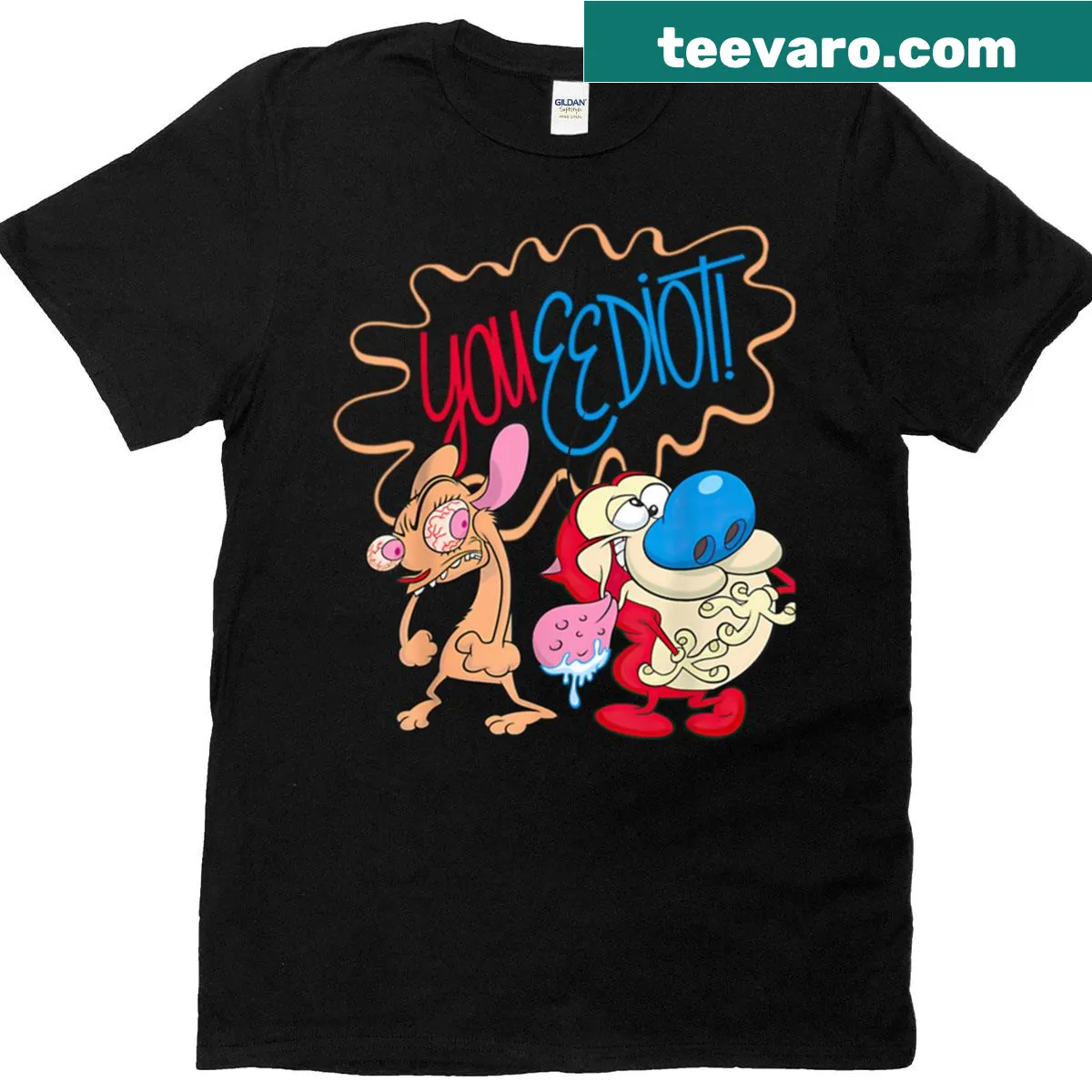 Vintage Ren and Stimpy cartoon T-shirt featuring classic characters — on a men's t-shirt