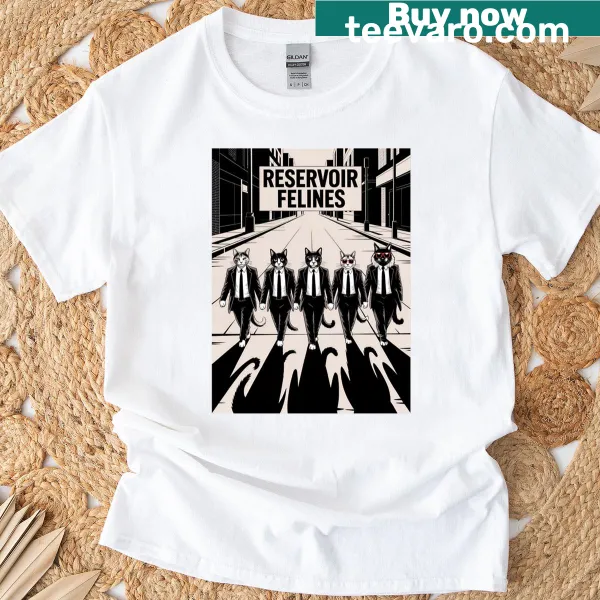 Reservoir Felines Poster T-shirt featuring cartoon cats in movie-themed design