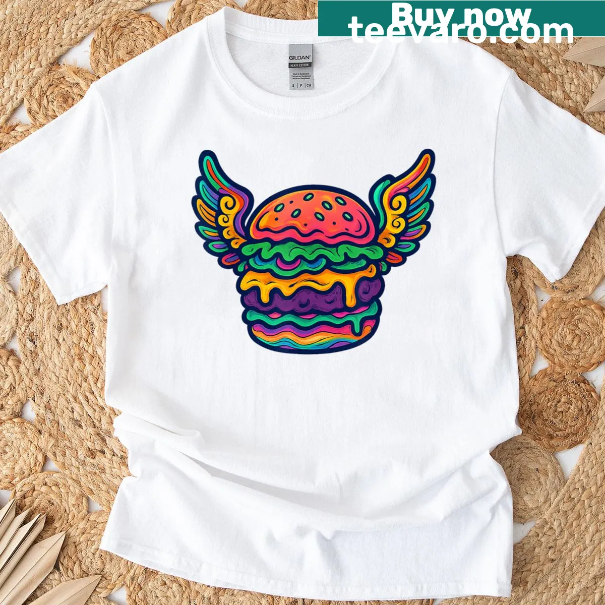 Vintage cheeseburger with wings graphic on a fun T-shirt — on a men's t-shirt