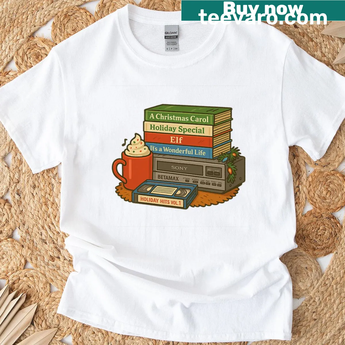 Retro Betamax T-shirt with holiday movie night design — on a men's t-shirt