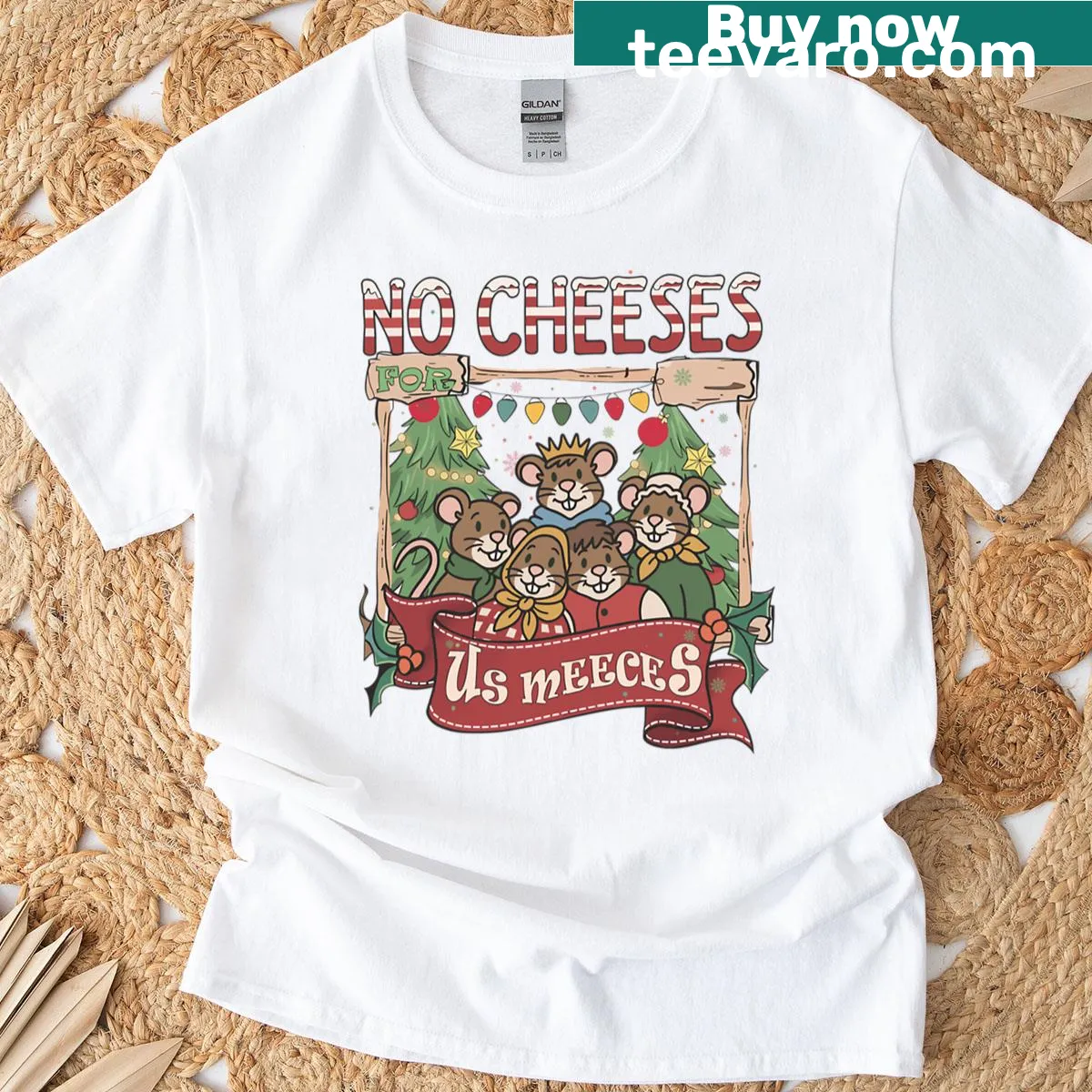 Humorous t-shirt with the phrase 'No Cheeses For Us Meeces' in retro typography. — on a men's t-shirt