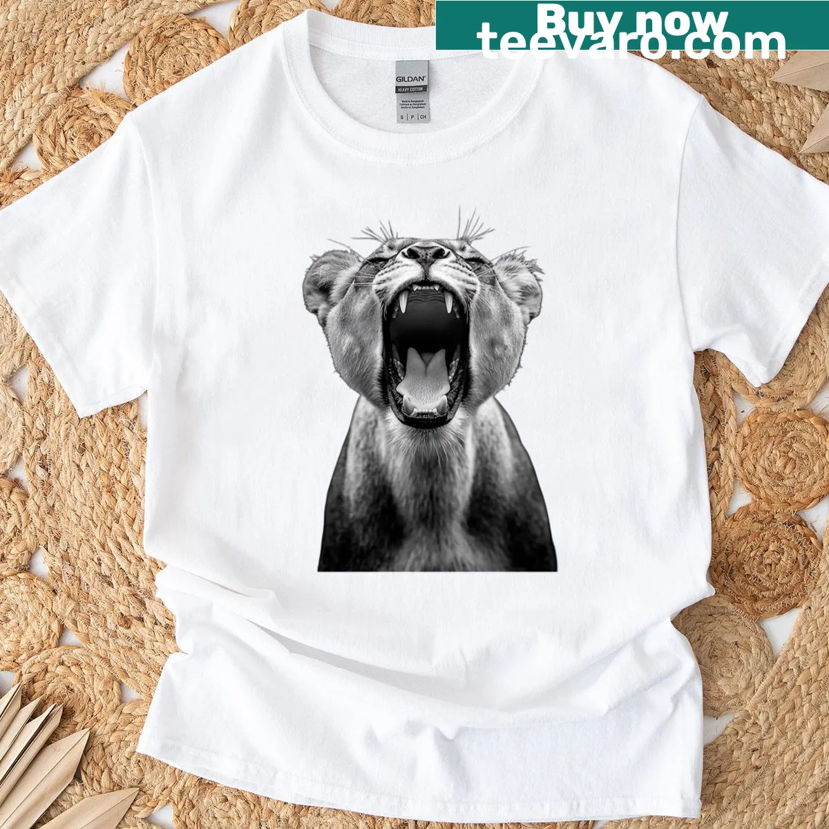 Bold illustration of a roaring lioness in black and white for wildlife enthusiasts. — on a men's t-shirt