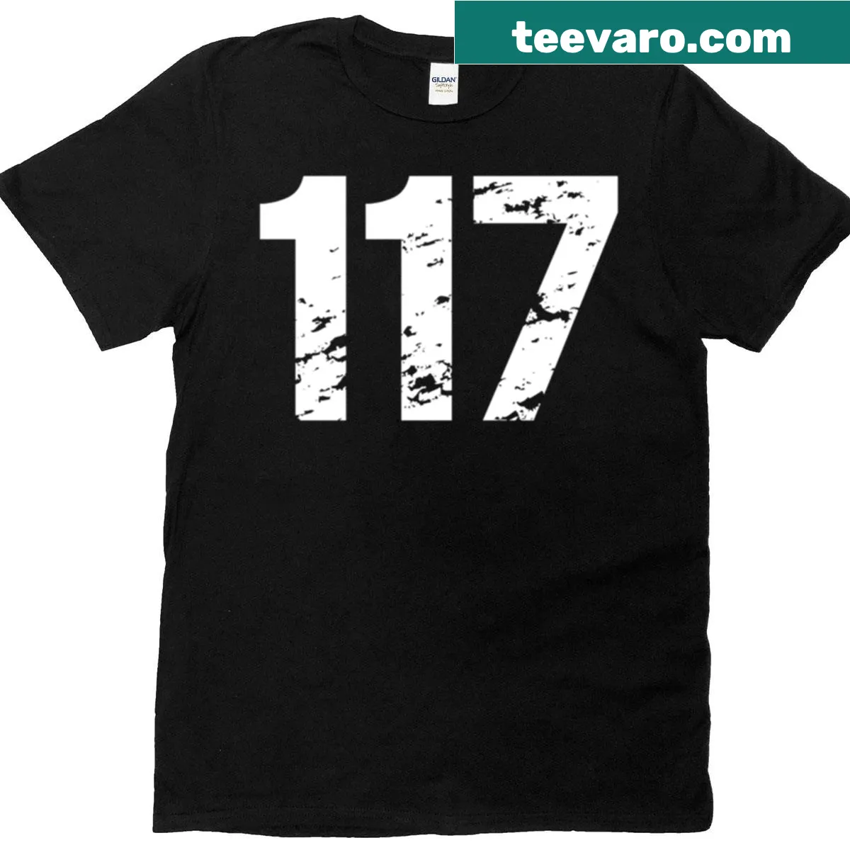 T-shirt featuring the Robocop 117 logo — on a men's t-shirt
