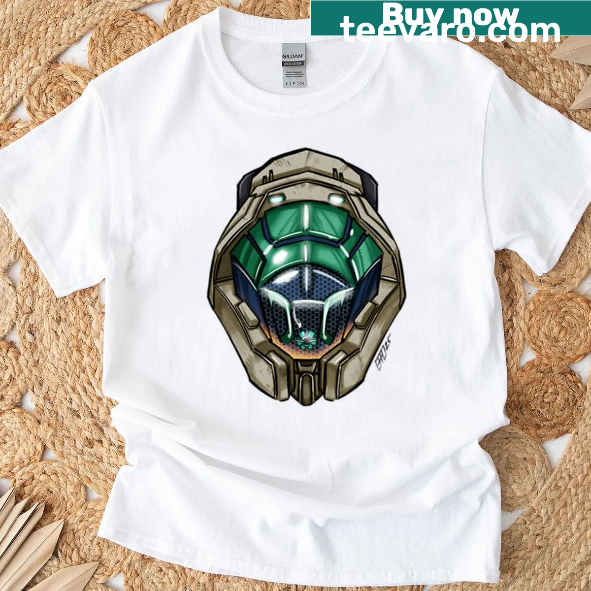 Illustration of Robocop in action with sci-fi elements — on a men's t-shirt