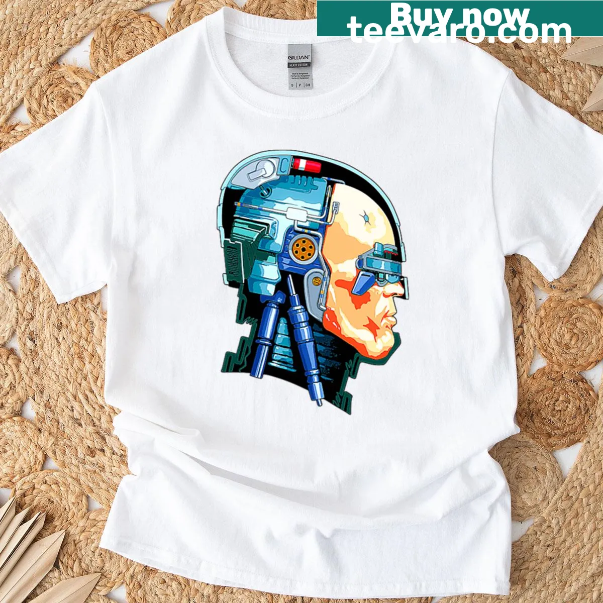 Oversized t-shirt featuring a graphic of Robocop's head — on a men's t-shirt