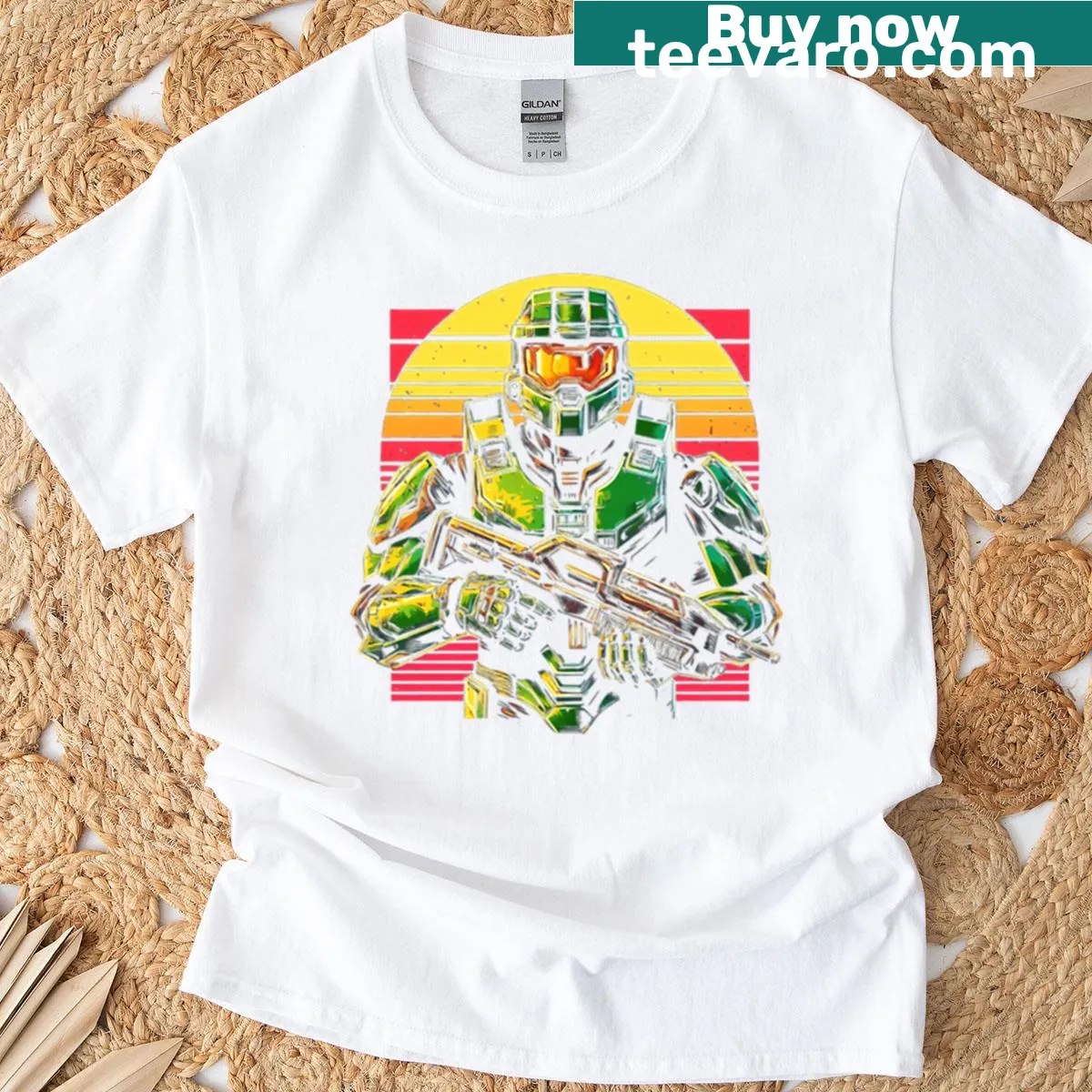Retro Robocop and Master Chief graphic t-shirt — on a men's t-shirt