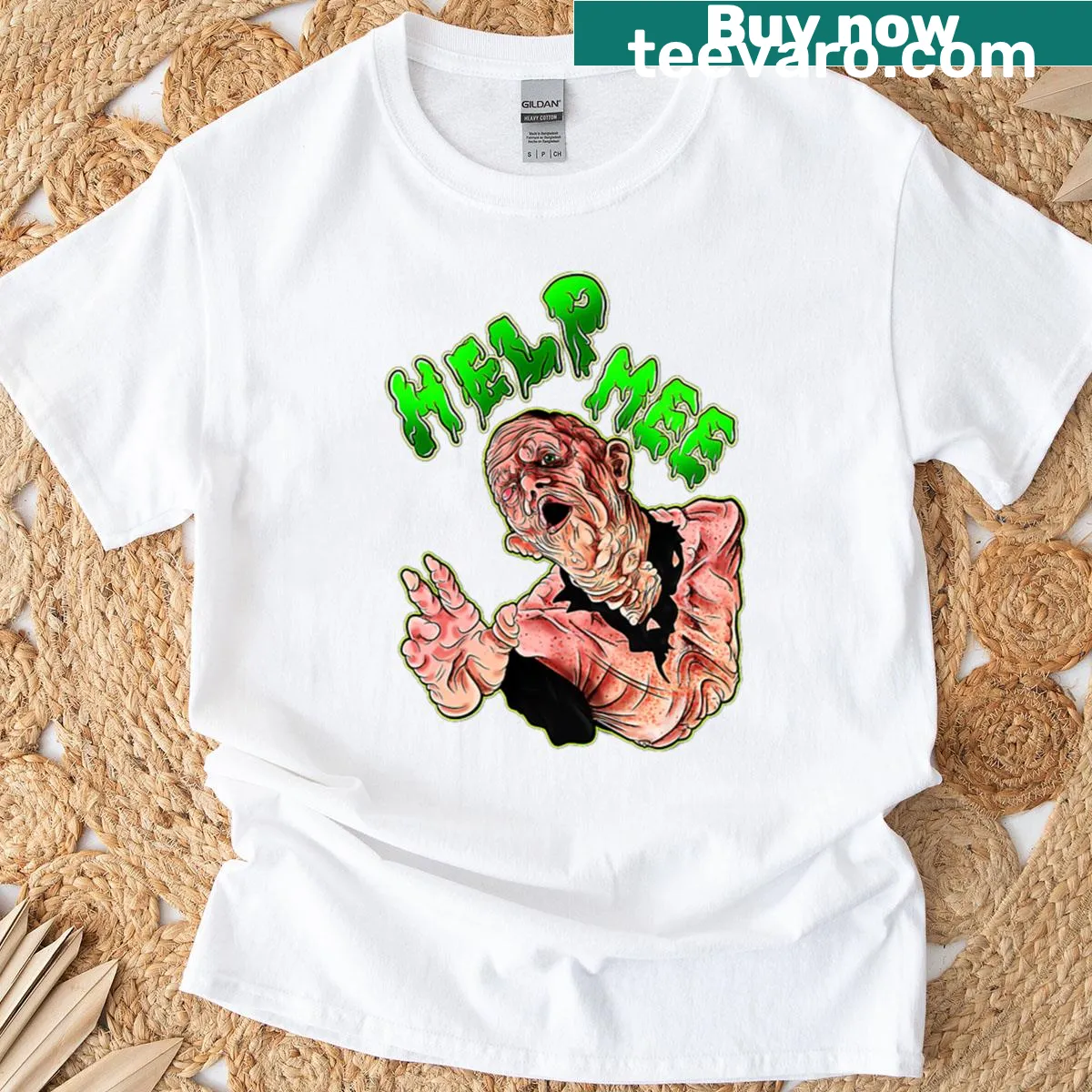 Illustrated T-shirt featuring a Robocop scene in a horror setting. — on a men's t-shirt