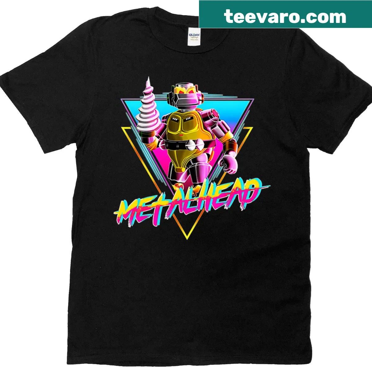 Retro Robocop T-shirt merging sci-fi and metalhead themes — on a men's t-shirt