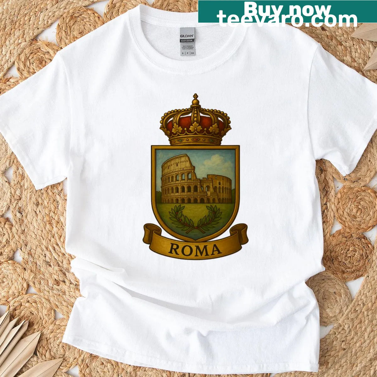 Royal Coat of Arms with Colosseum in heraldic style on t-shirt — on a men's t-shirt