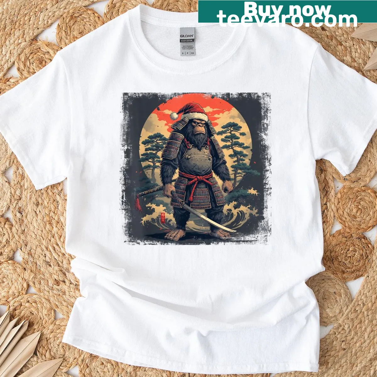 Whimsical illustration of Samurai Bigfoot with Santa on t-shirt — on a men's t-shirt