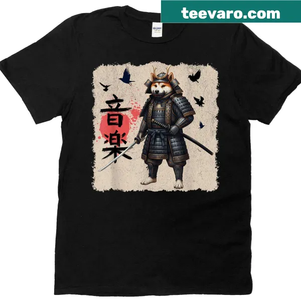 Vintage samurai Shiba Inu dog illustration on a t-shirt.