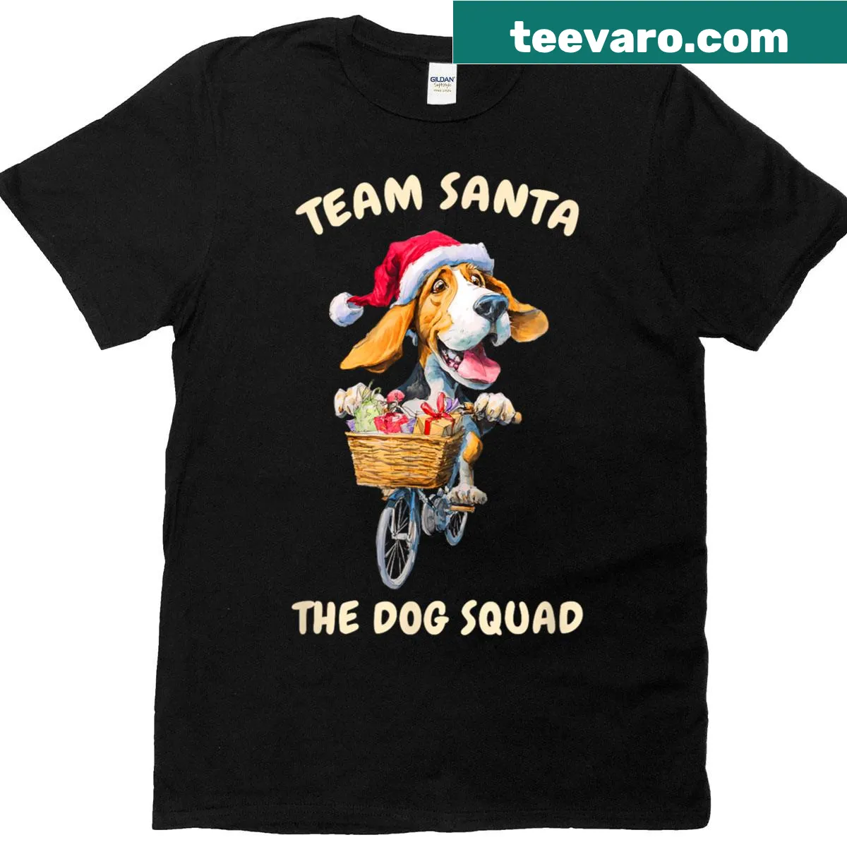 Cute Santa beagle riding a bike in a Christmas-themed t-shirt — on a men's t-shirt