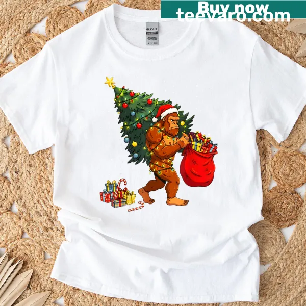 Funny Bigfoot decorating a Christmas tree