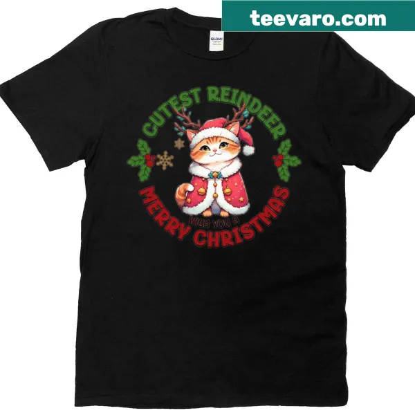 Cute T-shirt featuring a Santa cat with reindeer for Christmas