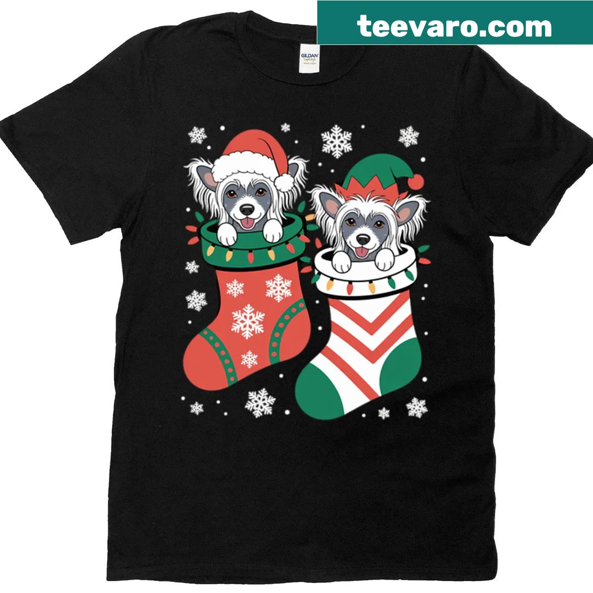 Illustration of a Chinese Crested dog dressed as an elf in Christmas socks — on a men's t-shirt
