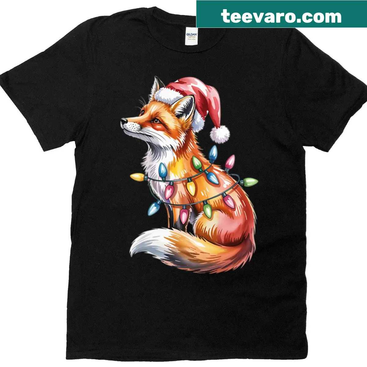 Santa Fox graphic t-shirt with festive lights — on a men's t-shirt