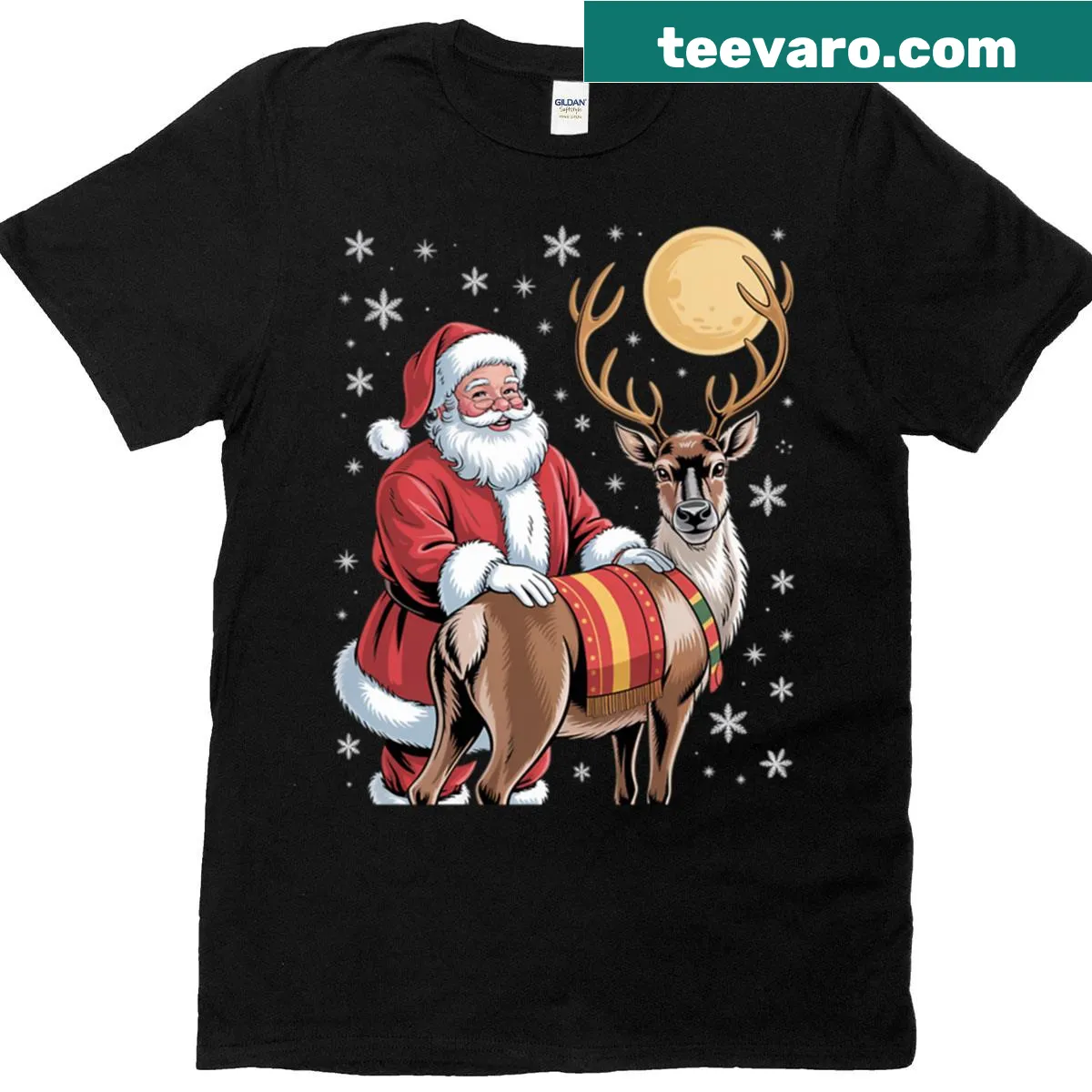 Vintage Santa and reindeer graphic t-shirt — on a men's t-shirt