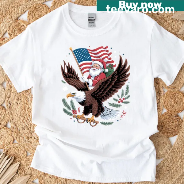 Santa riding an eagle with USA flag