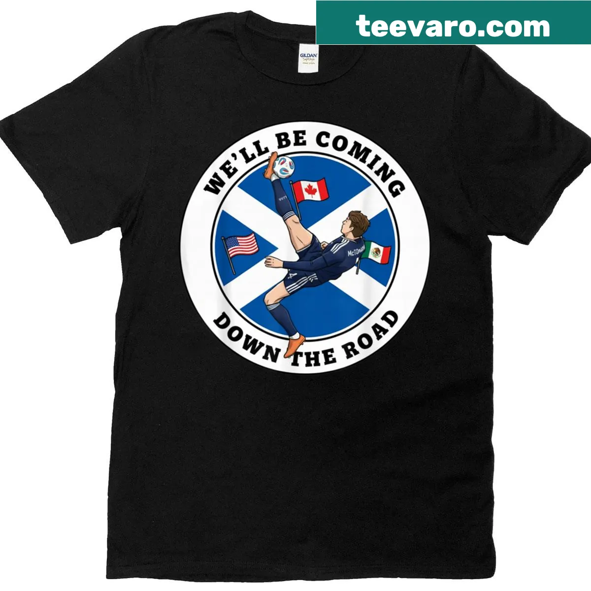 T-shirt with the phrase 'Scotland We'll Be Coming' in bold typography. — on a men's t-shirt