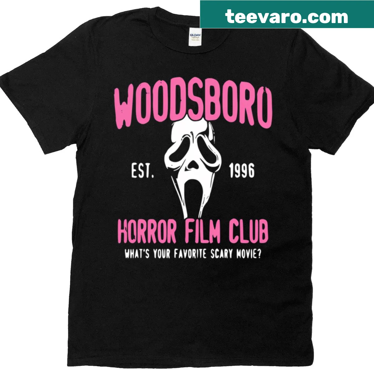 Horror film-themed T-shirt with 'Scream Horror Film Club' text — on a men's t-shirt