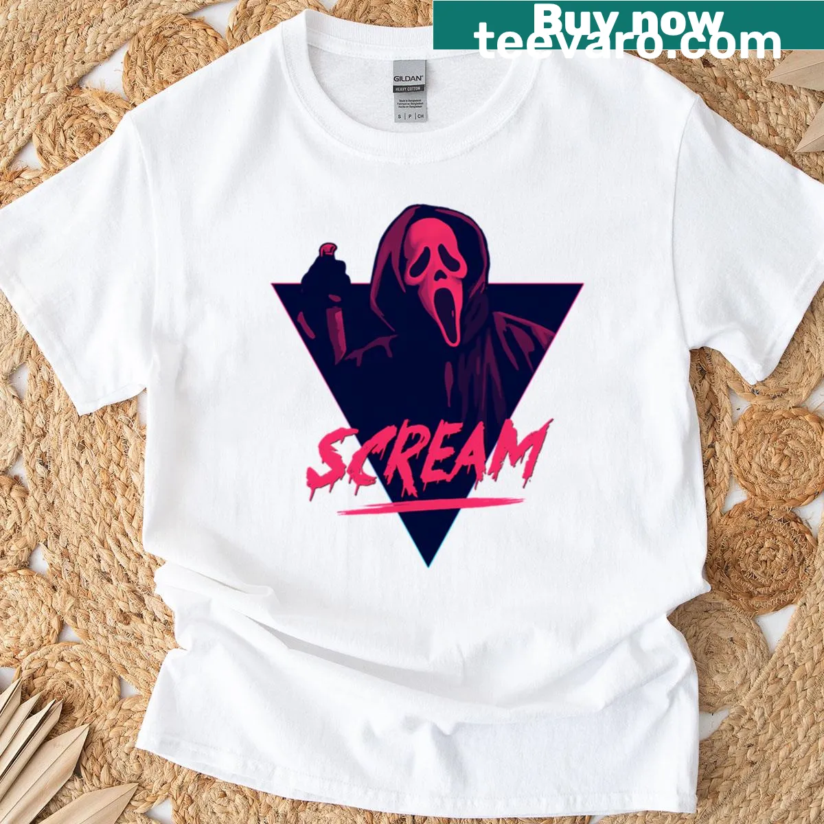 Retro Scream Movie T-shirt celebrating 80s horror films — on a men's t-shirt