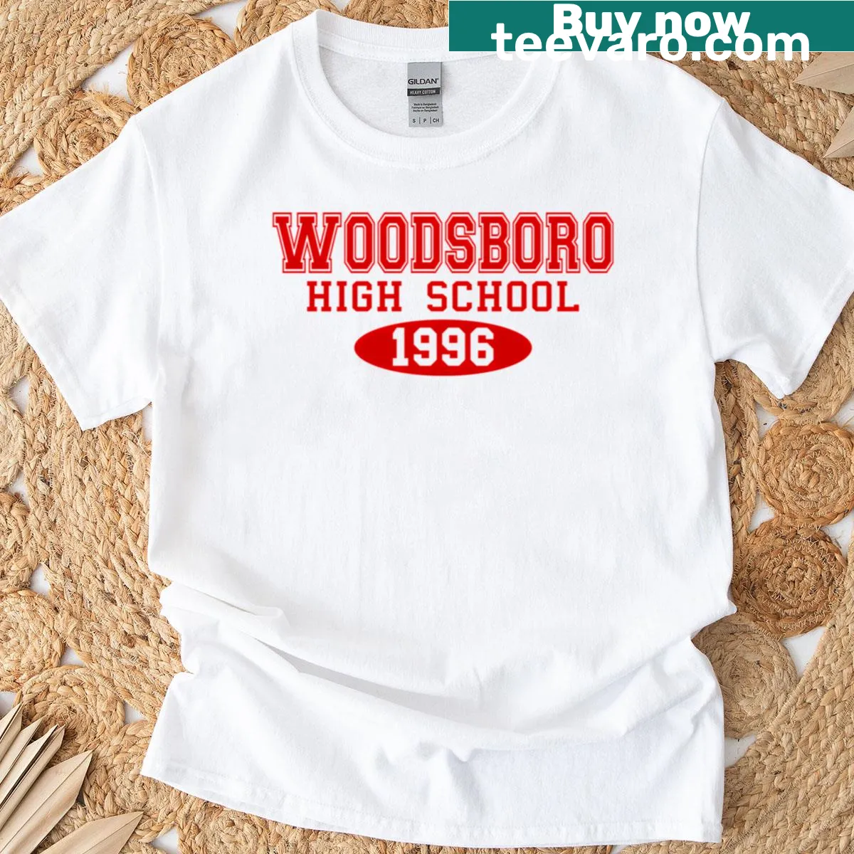 Woodsboro High School logo graphic on t-shirt — on a men's t-shirt