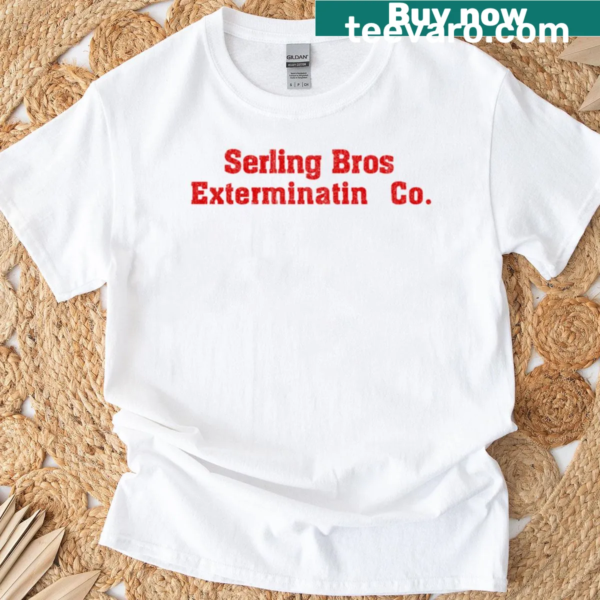Cartoon graphic of Serling Bros Exterminatin Co on T-shirt — on a men's t-shirt