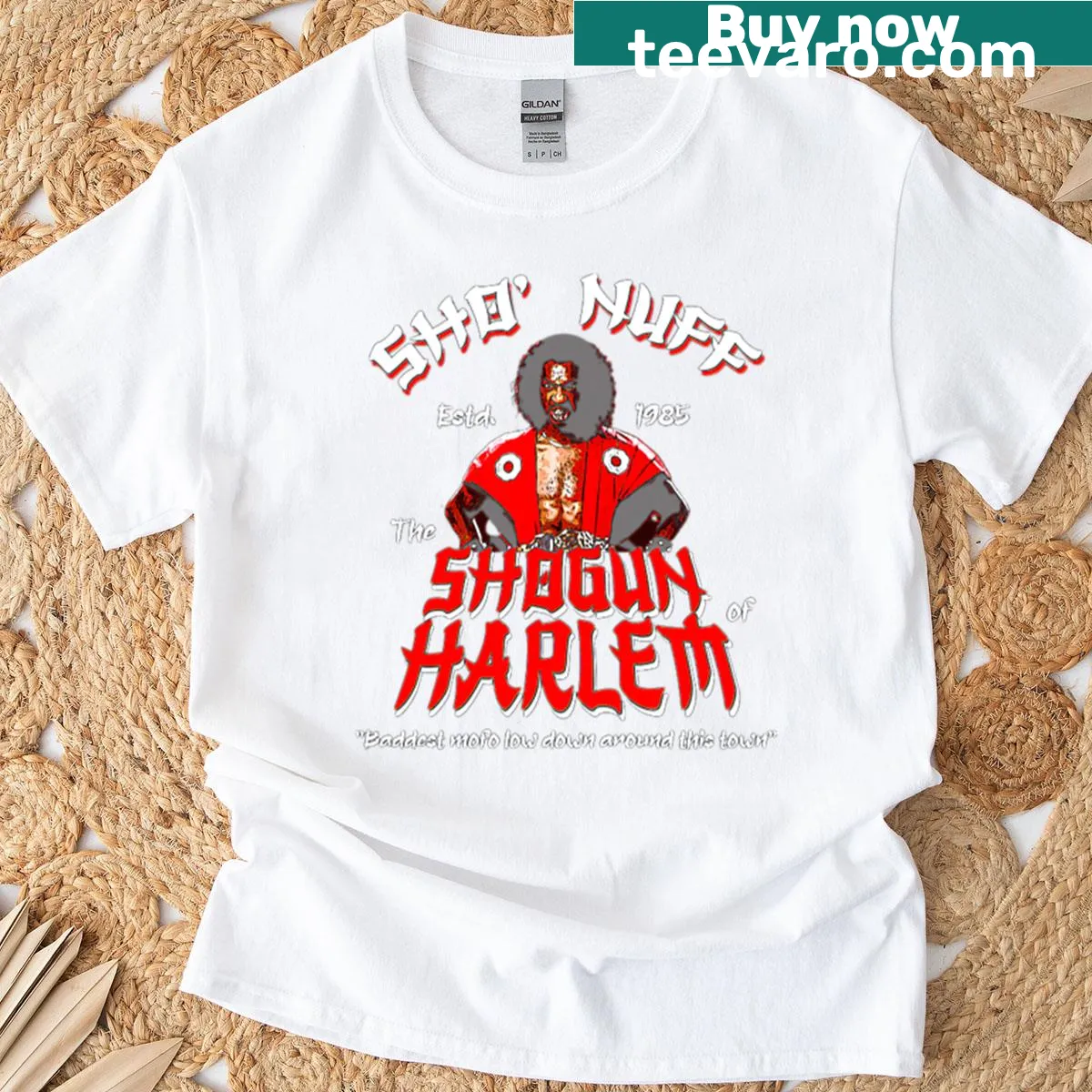 Dynamic typography T-shirt with 'Sho' Nuff Shogun Of Harlem' — on a men's t-shirt
