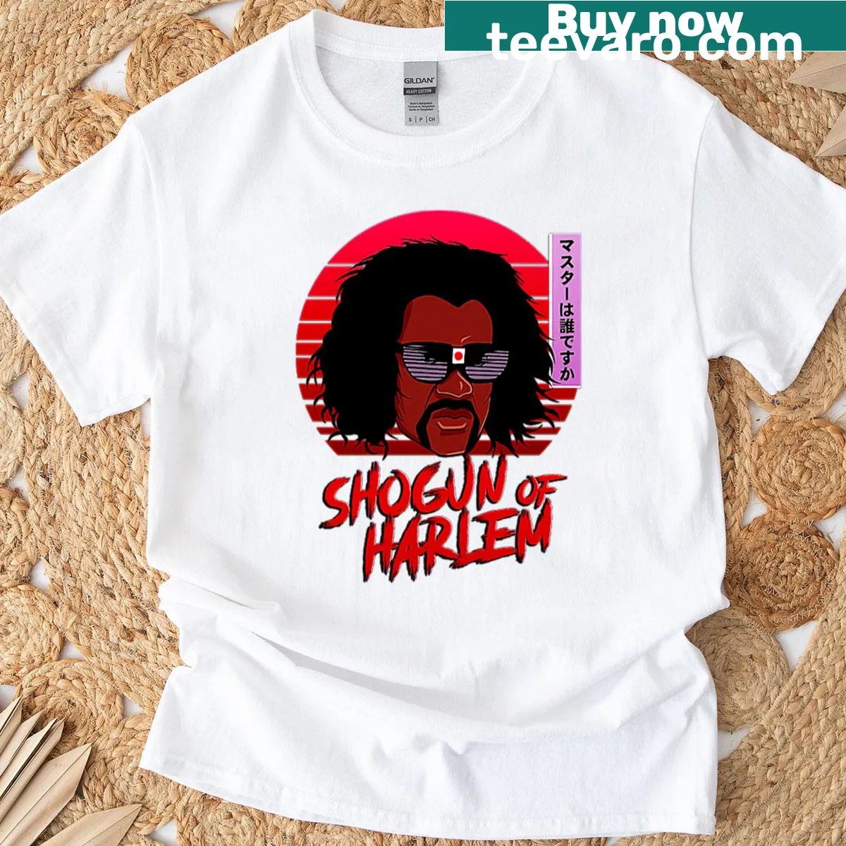 Text design featuring Shonuff Shogun of Harlem — on a men's t-shirt