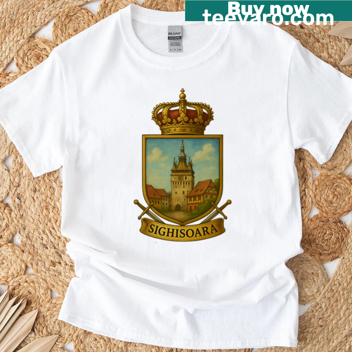 Illustrated coat of arms with clock tower graphic T-shirt — on a men's t-shirt