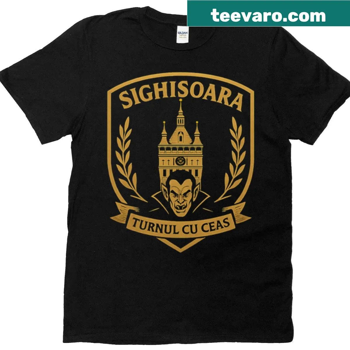Illustration of Sighisoara's Clock Tower on a T-shirt. — on a men's t-shirt