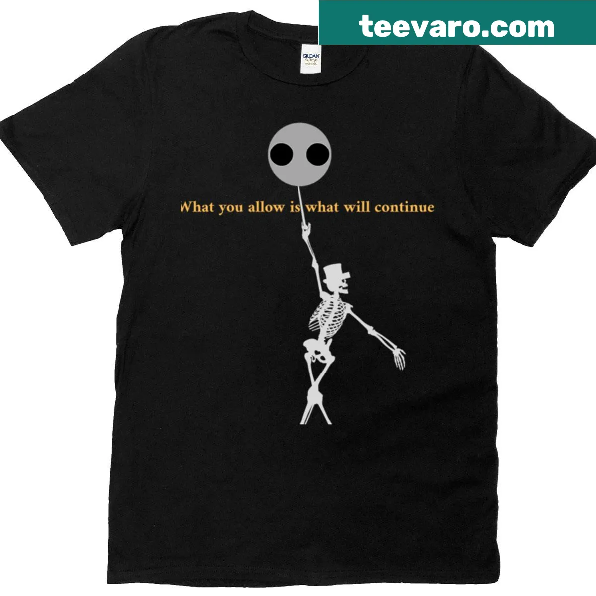 Thought-provoking skeleton holding a balloon t-shirt — on a men's t-shirt