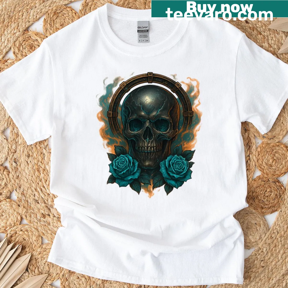 Edgy T-shirt featuring a skull with a metal halo graphic — on a men's t-shirt