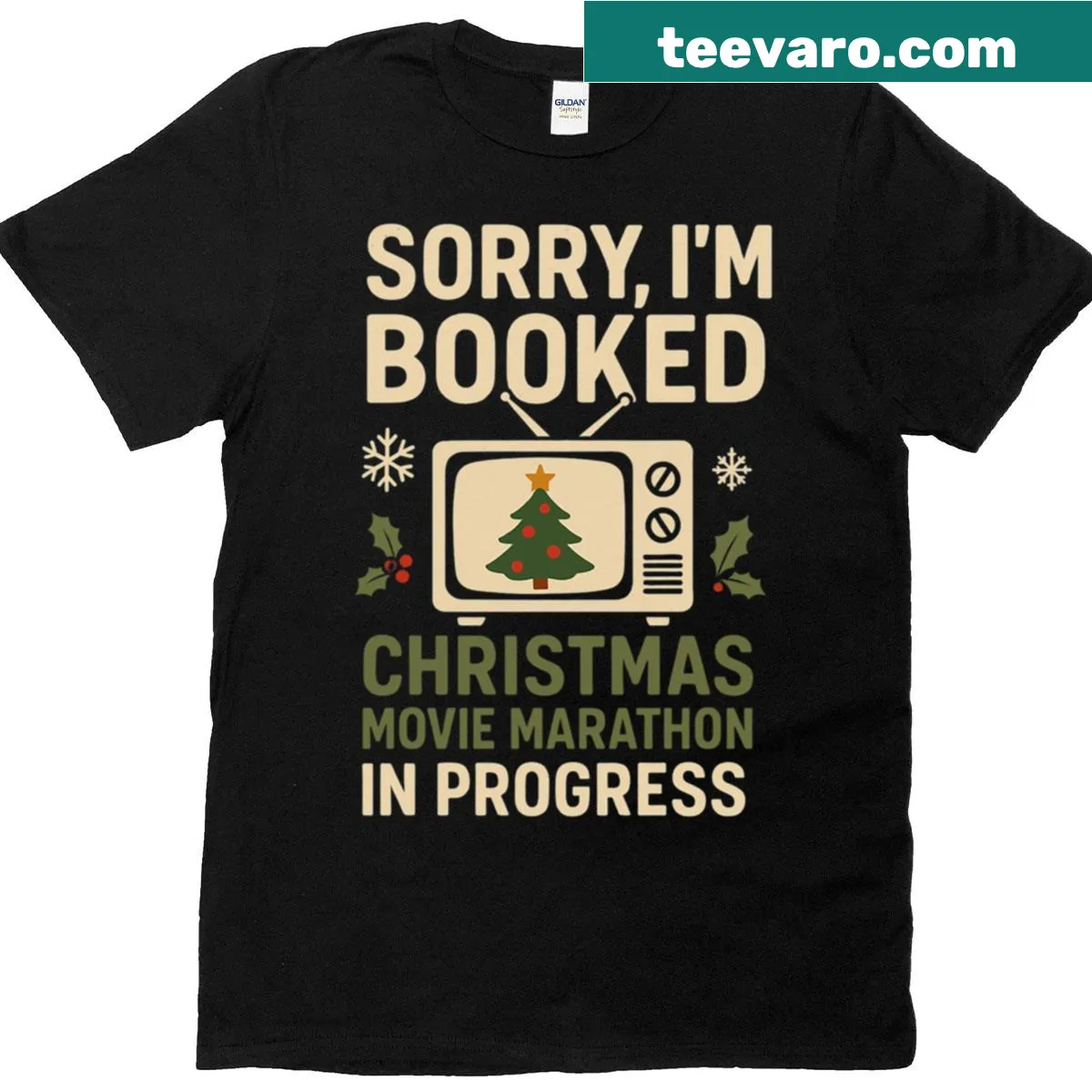 Cartoon design celebrating Christmas movie marathons on a T-shirt — on a men's t-shirt