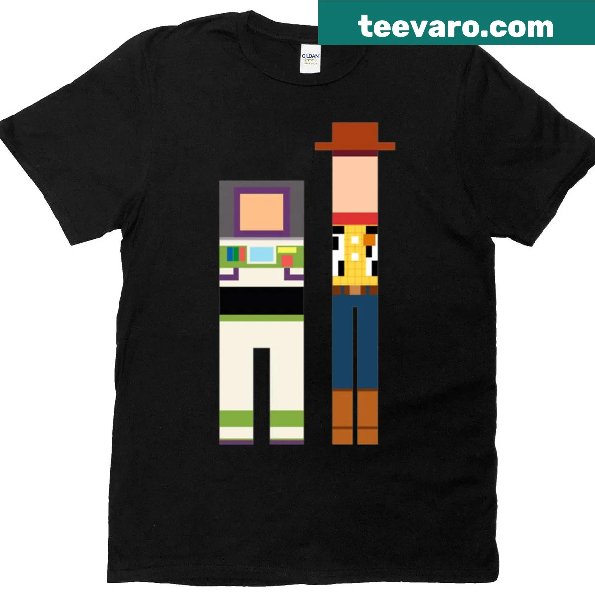 Minimalist illustration of Woody and Buzz from Toy Story on a t-shirt — on a men's t-shirt