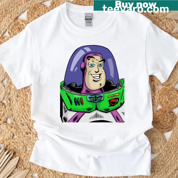 Cartoon-style t-shirt featuring Woody and Buzz as spacemen