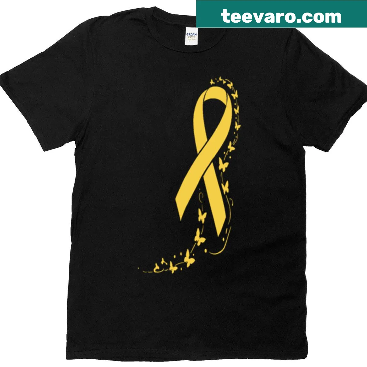 T-shirt with yellow ribbon symbol for Spina Bifida and bladder cancer awareness — on a men's t-shirt