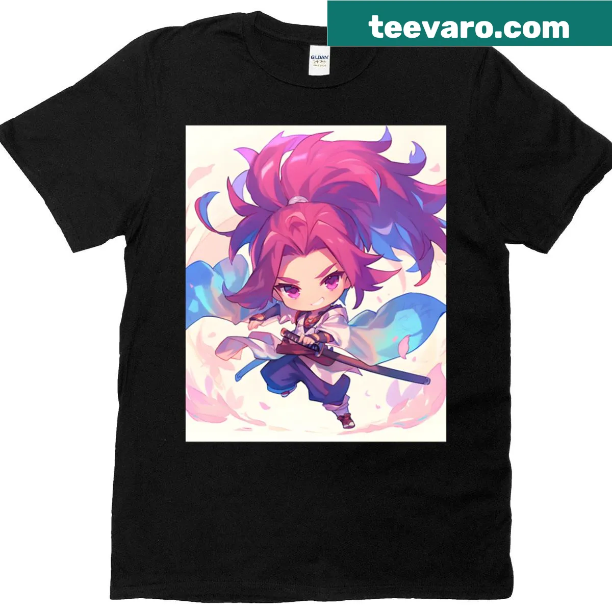 Kawaii samurai boy character with sakura sword on a t-shirt — on a men's t-shirt