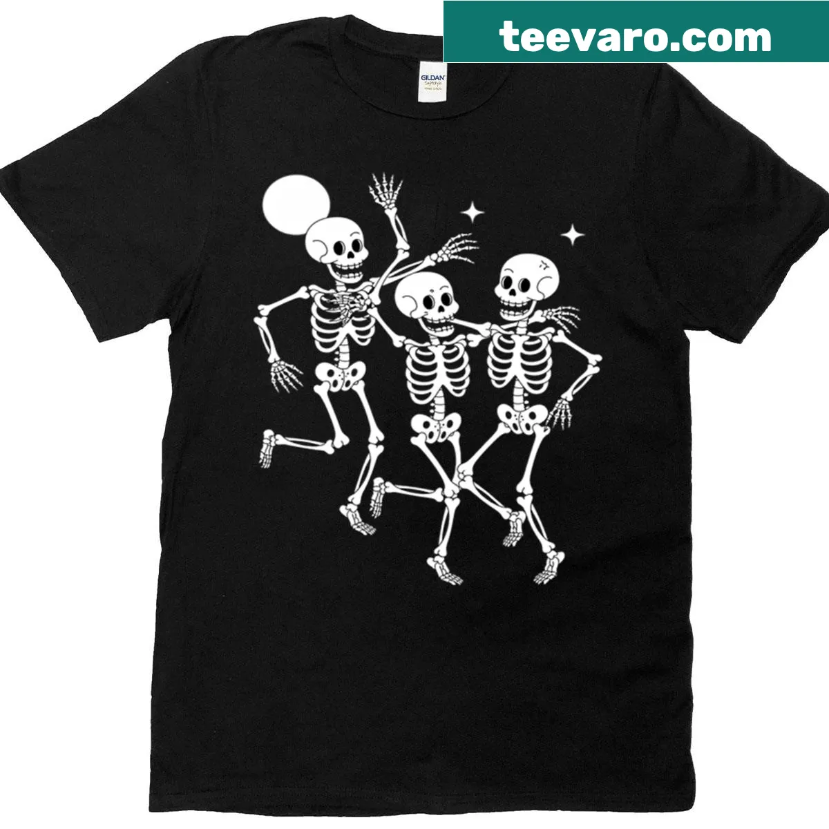 Cartoon skeletons dancing in Halloween costumes on a fun t-shirt — on a men's t-shirt