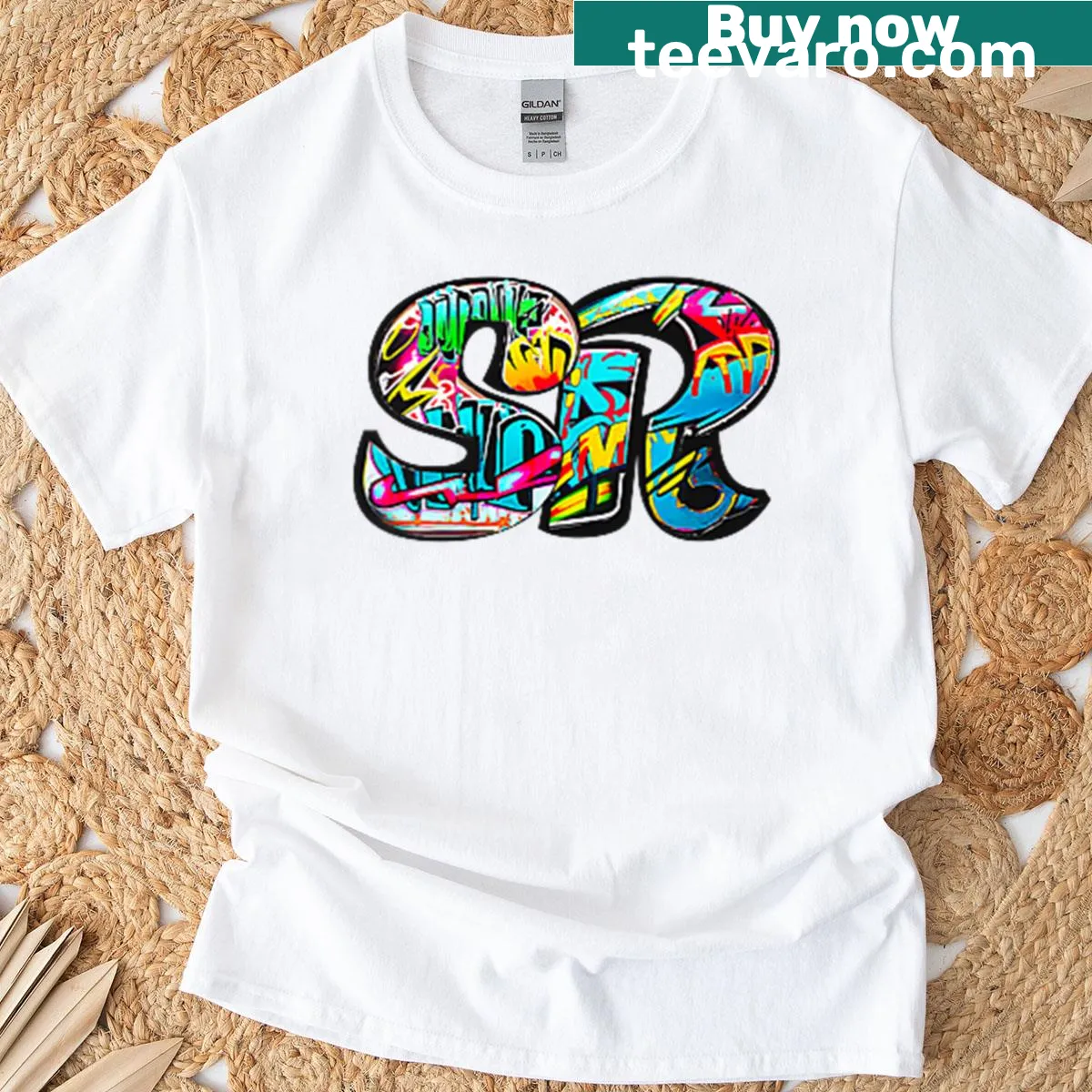 Graffiti style t-shirt with Sr Crew Member text — on a men's t-shirt