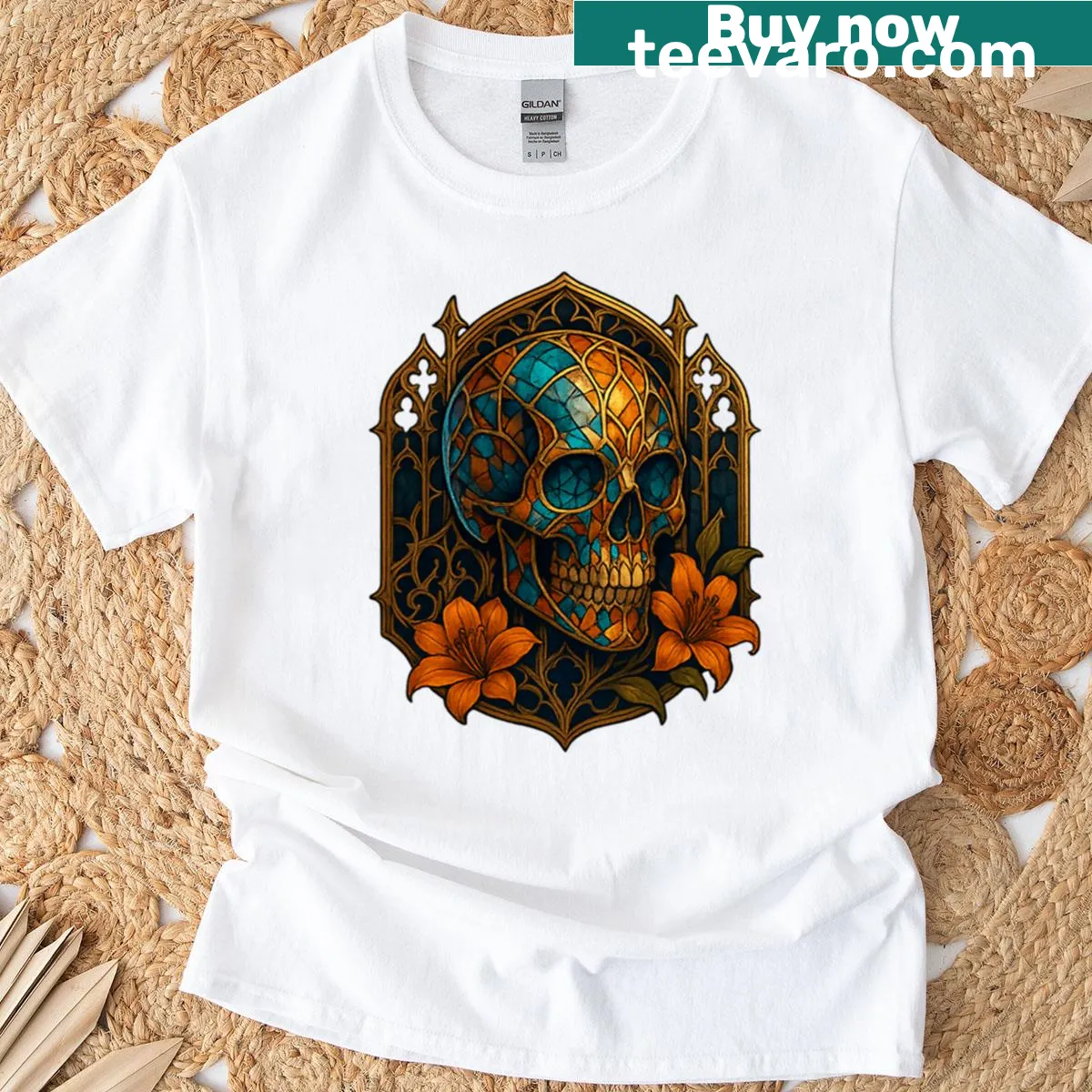 Skull design with stained glass and orange lilies on a T-shirt — on a men's t-shirt